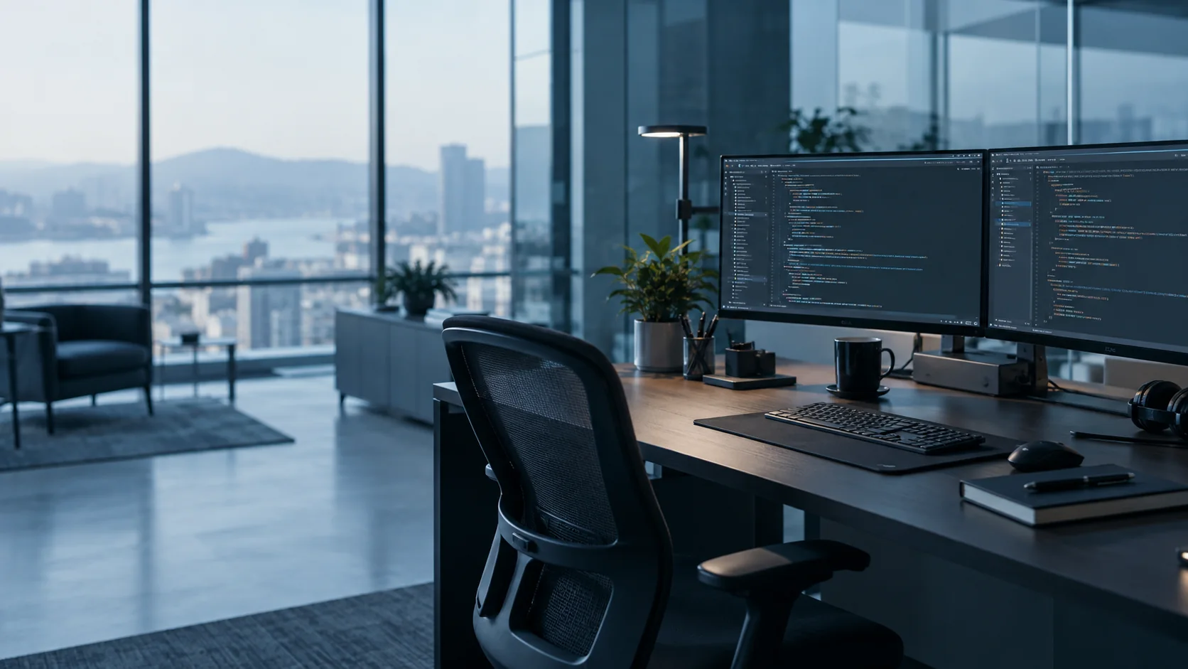 Modern website development workspace with code displayed on dual monitors